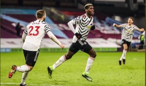 Hasil Liga Inggris, Gol Pogba Bawa Man United gusu Liverpool. Selebrasi Pobga cetak gol ke gawang Burnley di pekan ke-17, Rabu dini hari WIB. (twitter@brfootball)