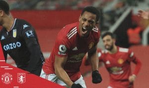 Pemain Man United Anthony Martial selebrasi usai mencetak gol ke gawang Aston Villa di pekan ke-17 Liga Inggris, Sabtu dini hari WIB. (Twitter@ManUtd)