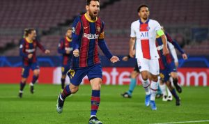 Hasil Liga Champions, Barcelona vs PSG imbang 1-1 di babak pertama. Lionel Mssy selebrasi usai cetak gol. (Twitter.com @brfootball)