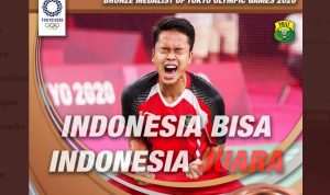 Tunggal Putra Anthony Sinisuka Ginting meraih Medali Perunggu Bulutangkis Olimpiade Tokyo (Tokyo Olympics), Senin (282021). (Twitter@INABadminton)