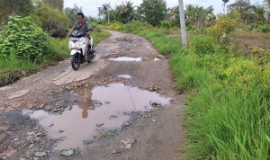 20220204_tab_Warga melintas di Jalan Pembelah Pulau yang rusak di Desa Pulau Sewangi, Kecamatan Alalak, Kabupaten Barito Kuala