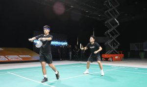 Pemain ganda putra Pramudya Kusumawardana_Yeremia Erich Yoche Yacob Rambitan saat berlatih di Setia City Convention Center, Selangor, Malaysia