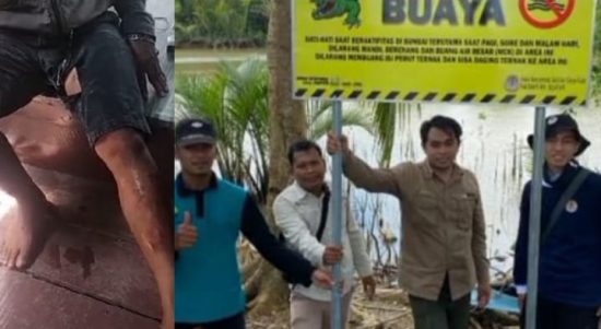 Beredar di sosial media sosial kemunculan buaya yang tiba-tiba menyerang seorang pria yang tengah membersihkan babat babat hewan kurban di sungai Batulicin. Pemasangan plang himbuan untuk warga. (Kalimantanlive.com/Ilham)