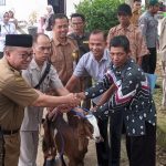 Bupati Tabalong, Anang Syakhfiani didampingi Wakil Ketua Komisi III DPRD Tabalong, Mursalin menyerahkan bantuan puluhan ekor kambing kepada sejumlah kelompok tani di Tabalong. (Kalimantanlive.com/ A Hidayat)