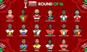 Grafis daftar tim yang lolos ke babak 16 besar Piala Afrika 2025.