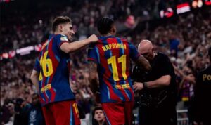 Penyerang Barcelona Raphinha (11) merayakan keberhasilannya mencetak gol ke gawang Real Madrid pada pertandingan final Piala Super Spanyol di Stadion King Abdullah Sports City, Jeddah, Minggu (11/1/2026) waktu setempat. fcbarcelona.com