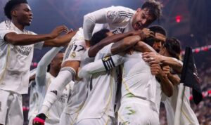 Para pemain Real Madrid merayakan gol yang dicetak Federico Valverde pada pertandingan semifinal Piala Super Spanyol menghadapi Atletico Madrid di Stadion King Abdullah Sports City, Jeddah, Arab Saudi, Kamis (8/1/2026) waktu setempat. X.com/realmadriden.