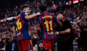 Penyerang Barcelona Raphinha merayakan gol ke gawang Real Madrid pada final Piala Super Spanyol di Jeddah, Minggu (11/1/2026) waktu setempat. Foto fcbarcelona.com.