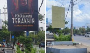 Baliho Film Penerbangan Terakhir yang sempat terpasang di Jalan A Yani KM 4,5 Banjarmasin (kiri) dan baliho saat sudah diturunkan (kanan), Selasa (13/1/2026).(Foto : Kalimantanlive.com/Frans)