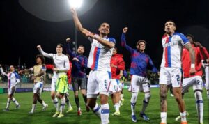 Pemain Crystal Palace merayakan kelolosan ke perempat final Liga Conference usai menyingkirkan AEK Larnaca di AEK Arena, Larnaca, Kamis (19/3/2026). (UEFA)