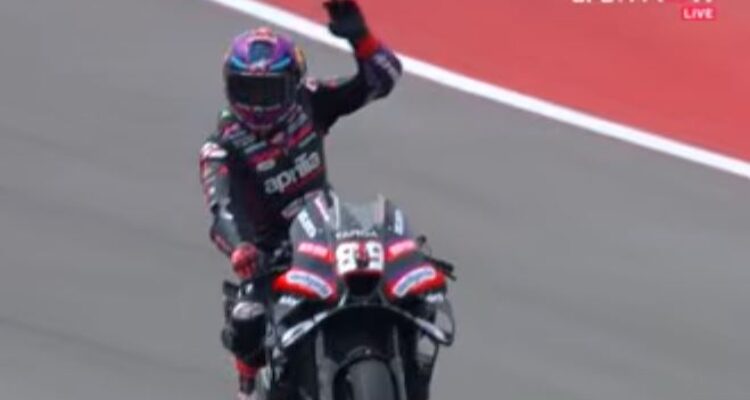Pembalap Aprilia Jorge Martin memenangi SPRINT Race MotoGP Amerika 2026, Sabtu (2832026). (tangkap layar YouTube SPOTV)