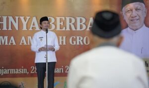 Wakil Gubernur Kalsel Hasnuryadi Sulaiman saat memberi sambutan pada Buka Puasa Bersama Amanah Group di Banjarmasin, Sabtu (2822026). (Wartawasaka)